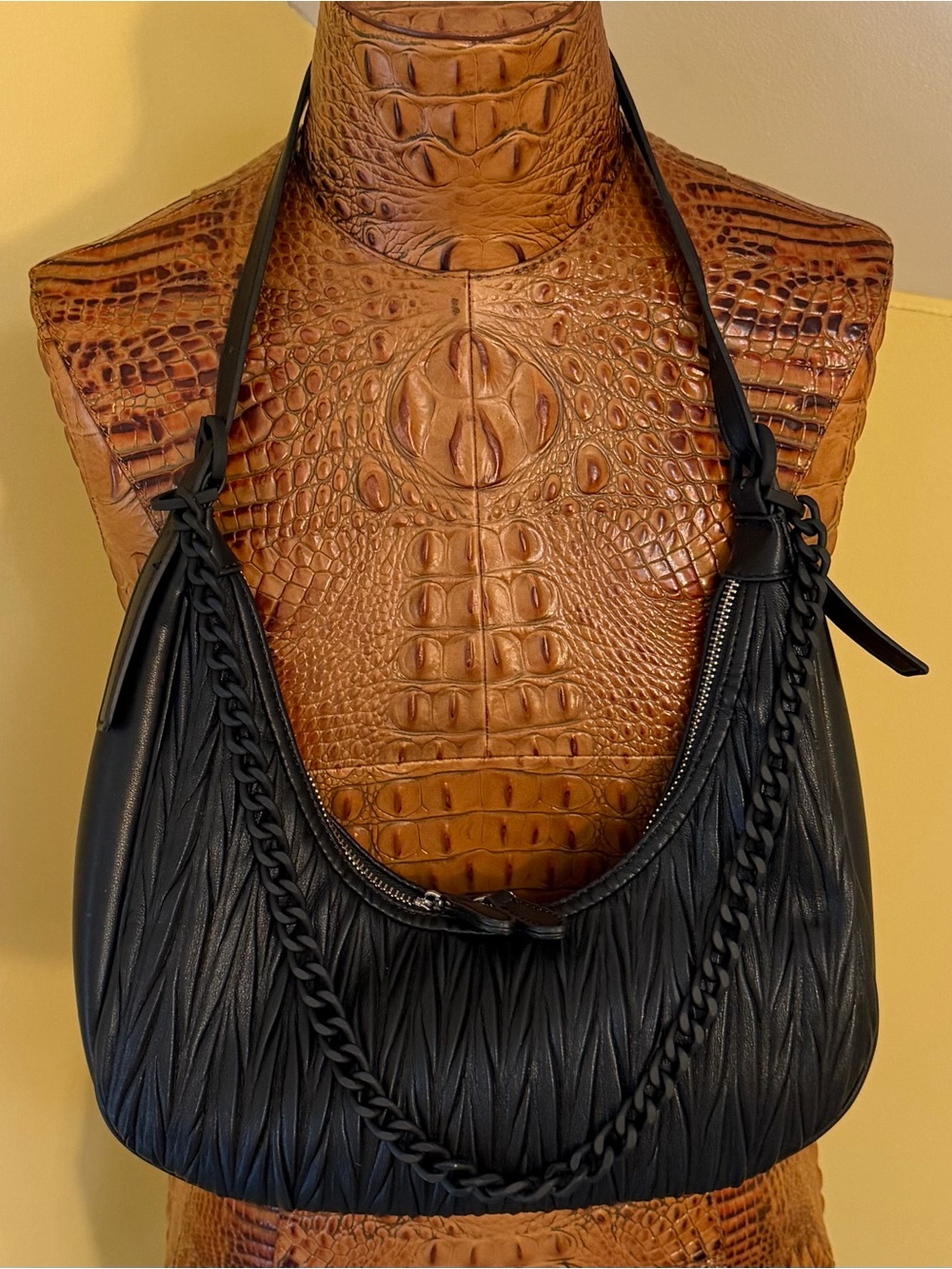 Madison West Black Quilted Ruched Shoulder Bag with Chain Strap
